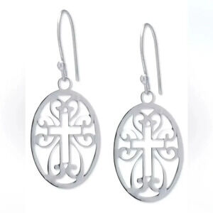Ethnic Cross Oval Drop Earrings in Sterling Silver